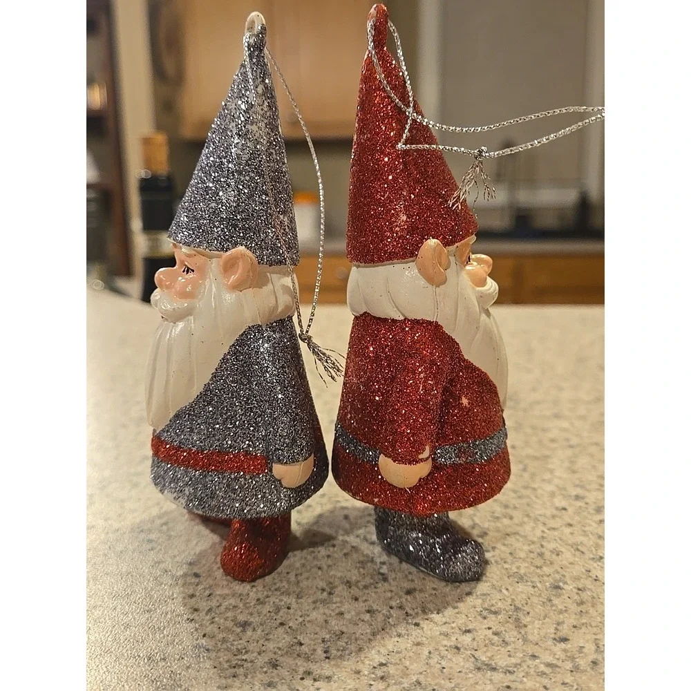 Midwest C B K Snow Globe Santa Lighted Glitter & 2 GNOME Elf Ornaments‎ Trd Gray